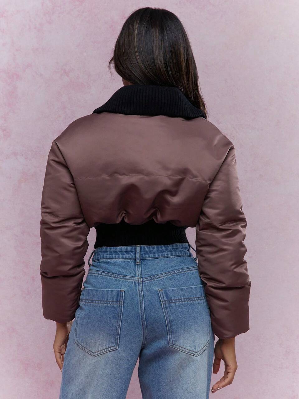 MISSGUIDED Contrast Collar Padded Long Sleeves Zip Through Cropped Jacket Winter Wear