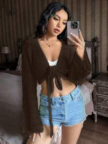 SHEIN Unity Women's V-Neck Tie-Up Long Sleeve Cropped Cardigan - Elegant, Gentle, Sweet Style - Mocha Brown - View 7
