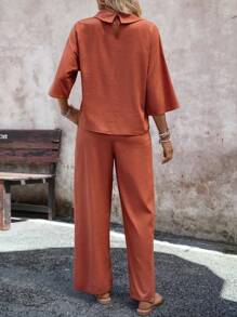 SHEIN LUNE Textured Linen Double-Breasted Casual Women's Outfit, 2pcs - Orange - View 2