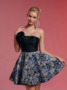 SHEIN Belle Elegant & Luxurious Cute Black Spliced Color Black Bustier Cup, Sumptuous Satin Jacquard Peplum Mini Skirt, Suitable For Graduation Ceremony, Vacation, Bachelorette Party, Wedding, Ball Gown, Semi Formal Prom Dress, For Birthday, Wedding Guest Homecoming