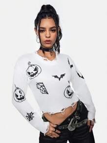 Sonchs Curiosities 艺术家深色万圣节南瓜、蝙蝠和蜘蛛图案破洞短款落肩毛衣，女式毛衣，适合假期、度假、节日、伊比沙岛 - 白色 - 查看 7