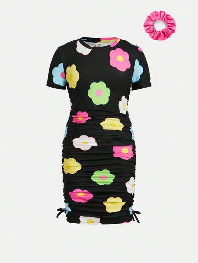 Robe à manches courtes décontractée pour filles avec imprimé floral coloré et accessoire pour cheveux