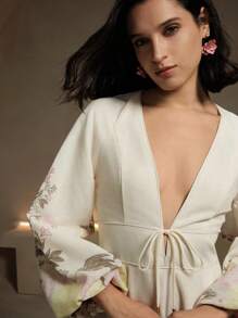 Anewsta Floral Print Long Sleeve Linen-Like Dress, Spring Summer