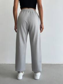 RueChic Letter Patched Detail Drawstring Waist Sweatpants - Light Grey - View 2