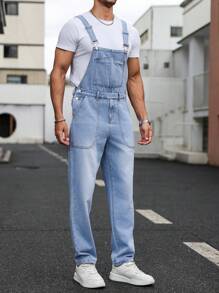 Manfinity Homme Men's Casual Basic Plain Washed Denim Overall, For Going Out, Husband - Blue - View 7