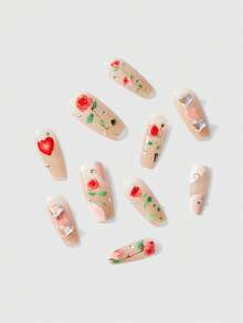 ROMWE Kawaii 10 件套复古别致裸色玫瑰水贴花手工制作可重复使用假指甲带果冻凝胶 - 彩色 - 查看 3