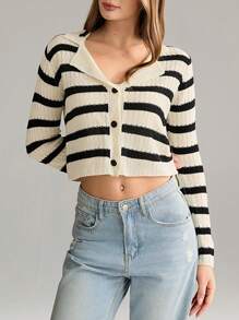 TRNVIE 1 件女士休闲简约舒适黑白条纹翻领前纽扣短针织开衫，秋冬 - 彩色 - 查看 3