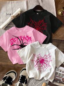 SHEIN EZwear Bộ 3 Áo thun nữ cổ tròn tay ngắn in hình nhện Halloween tối giản giản dị, bó sát, mùa hè/thu - Nhiều màu - Xem 6