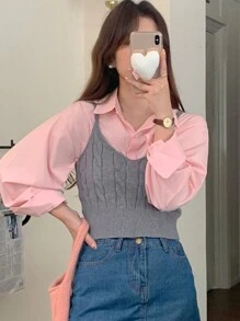 DAZY Áo len chui đầu hở lưng không tay họa tiết tối giản cho nữ mùa thu - Xám - Xem 3