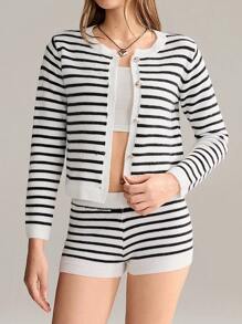 SHEIN Unity 2 件套条纹圆领针织开衫和超短条纹针织短裤休闲家居服套装 - 黑與白 - 查看 3