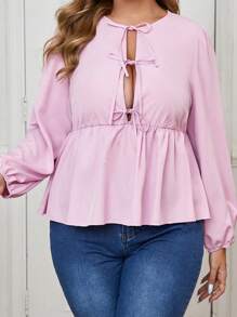 SHEIN Clasi Camisa de manga larga de unicolor con cuello de corbata y volante en el bajo, talla grande