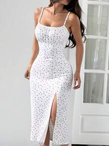 SHEIN EZwear 春夏红蓝碎花细肩带侧开衩修身中长连衣裙