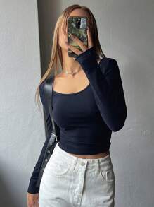 DAZY 经典纯色修身长袖 T 恤，春秋 - 藏蓝色 - 查看 4