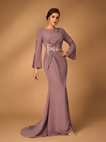 Serin 女士优雅灰粉色雪纺面料连衣裙，圆领，透明长袖，褶饰，亮片贴花装饰，鱼尾下摆，适合婚礼、音乐节、正式派对上的新娘母亲 - 咖啡棕 - 查看 6