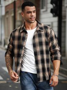 Manfinity Homme 男士休闲大码休闲格子长袖衬衫，春秋季，外出 - 彩色 - 查看 1