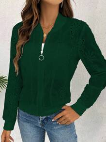 SHEIN LUNE Damen Baseball Jacke in Unifarbe mit Stickerei, Frühling & Herbst - Dunkelgrün - Übersicht 3