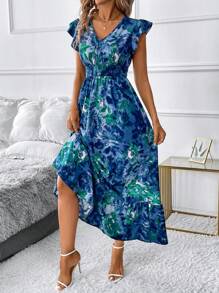 SHEIN Clasi Green Floral Print  Summer Long  Dress For Women - Multicolor - View 2