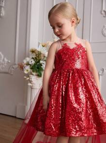 SHEIN Glamorique Kids Vestido de Princesa de Natal com Lantejoulas e Tule com Saia Removível para Festa, Apresentação, Casamento, Temporada de Feriados
