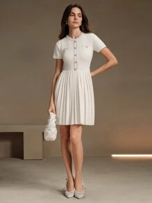 Anewsta Delicate Ruffled Waist Cinching Beige Knitted Party Dress For Ladies - Beige - View 7