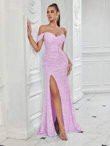 ADYCE Đầm maxi trơn màu, đính sequin, hở vai, xẻ lưng, có thắt lưng, thích hợp cho tiệc prom hoặc đi học. - Màu tím hoa cà - Xem 7