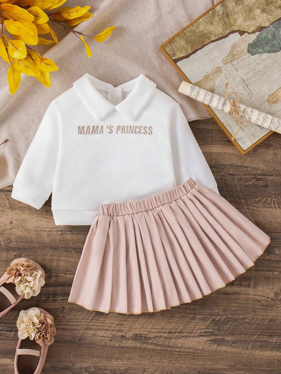 Bộ 2 món Bé Gái Thêu Chữ Cổ Áo Dài Tay & Váy Xếp Ly Màu Trơn Trang Phục Thường Ngày - Nhiều màu - Xem 1