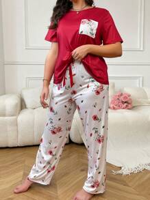 Plus Size Printed Patch Pocket Short Sleeve Top And Printed Pants Pajama Set With Round Neck, Outfits - Red - View 4