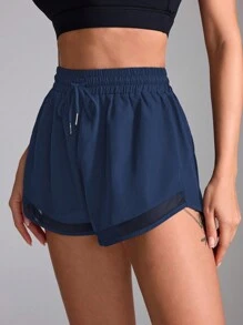 SHEIN Sports Women's Navy Waistband Drawstring Mesh Contrast Sports ShortsWomen Sweat Short, Gym Short, Biker Short Comfy Short
