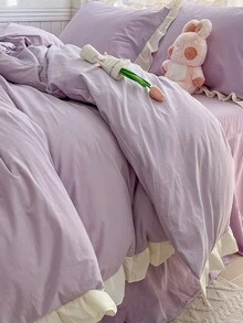3pcs Purple Floral Bedding Set With Ruffle Hem For Student Dormitory - Mauve Purple - View 6