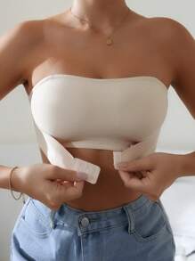 Ladies Solid Color Front & Back Buckle Tube Bra Strapless Bra - Beige - View 1