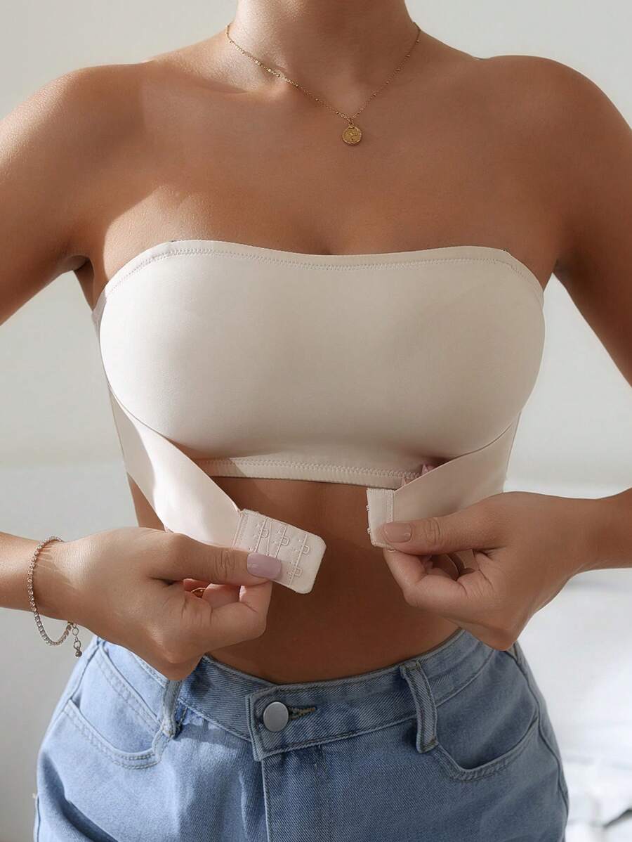 Ladies Solid Color Front & Back Buckle Tube Bra Strapless Bra - Beige - View 1