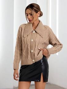 GENKIRA 复古简约时尚翻领粗针织纽扣开衫 - 卡其色 - 查看 4