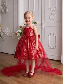 SHEIN Glamorique Kids Vestido de Princesa de Natal com Lantejoulas e Tule com Saia Removível para Festa, Apresentação, Casamento, Temporada de Feriados