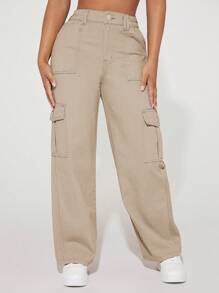 SHEIN PETITE Women's Baggy Utility Pocketed Wide Leg Casual Loose Fitting Jeans - Khaki - View 4
