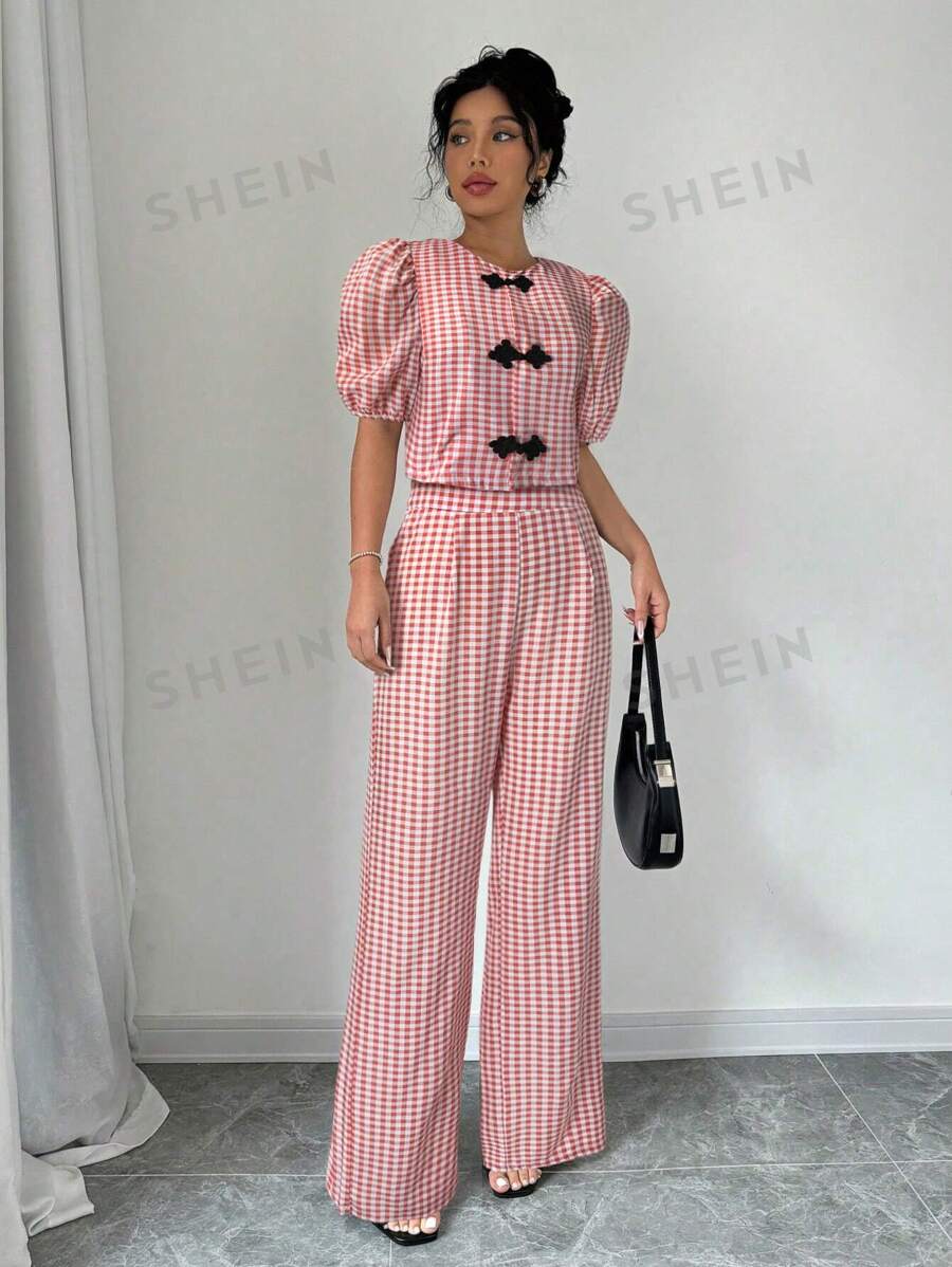 Elenzga 2 piezas/Set Camisa de manga corta y pantalones de estilo chino con cuello Mao y estampado a cuadros, conjunto casual