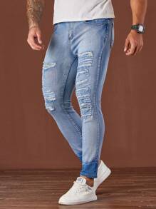 Manfinity Roughcore Vaqueros ajustados informales de denim azul claro para hombre - Lavado ligero - Ver 6