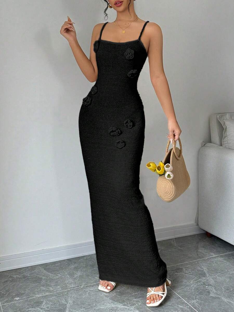 Chiquease 优雅 3D 花卉装饰吊带修身超长毛衣连衣裙度假 - 黑色 - 查看 1