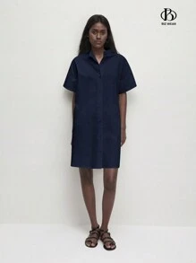 BizChic 女士休闲纯白色不透明立领纽扣前开襟衬衫裙，宽松纯棉，简约风格，适合日常休闲、通勤、商务休闲、办公室穿着 - 藏蓝色 - 查看 12