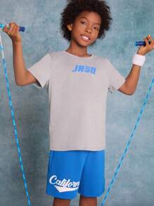 SHEIN Tween Boys' Knitted Letter Printed Short Sleeve T-Shirt With Pocket And Shorts Casual 2pcs/Set