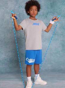 SHEIN Tween Boys' Knitted Letter Printed Short Sleeve T-Shirt With Pocket And Shorts Casual 2pcs/Set