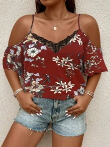 SHEIN Unity Plus Size Summer Casual Floral Print Contrast Lace Open Shoulder Camisole Shirt - Burgundy - View 3