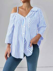 SHEIN Essnce Women's Casual Asymmetrical Shoulder Striped Blouse, Spring Summer