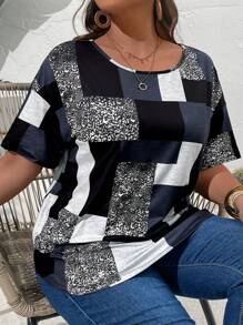 SHEIN CURVE+ 大码女式夏季圆领短袖拼色印花休闲 T 恤