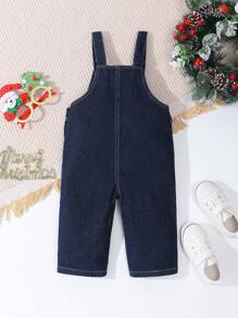 Peto vaquero cómodo y holgado con estampado de oso vintage en azul marino oscuro para bebés niños, para Navidad - Azul lavado oscuro - Ver 2