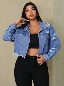 SHEIN ICON Chaqueta vaquera de manga larga con desgarros, botones delanteros, bolsillos y dobladillo deshilachado de unicolor para tallas grandes