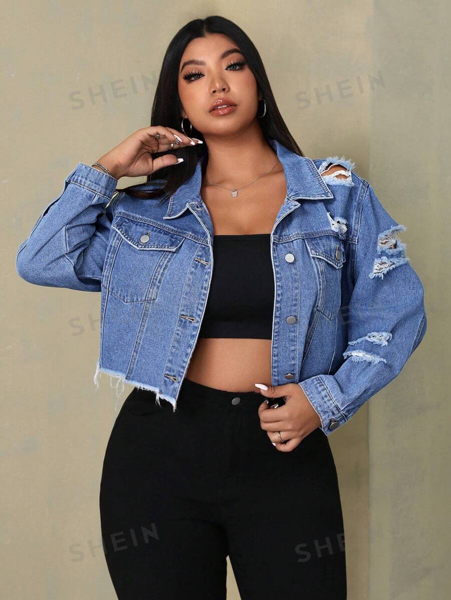 SHEIN ICON Chaqueta vaquera de manga larga con desgarros, botones delanteros, bolsillos y dobladillo deshilachado de unicolor para tallas grandes