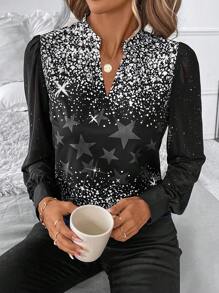 SHEIN Clasi Women Shiny Long Sleeve Blouse, Autumn Black Top - Black - View 4