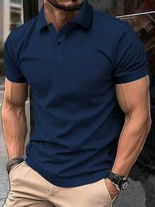 Manfinity Homme Camisa polo casual de manga corta con botones en el cuello de unicolor para hombre