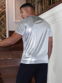 AKNOTIC Men Crew Neck Short Sleeve Plain Metallic Summer Tee, 2000s Style T-Shirt, Couple Things - Silver - View 2