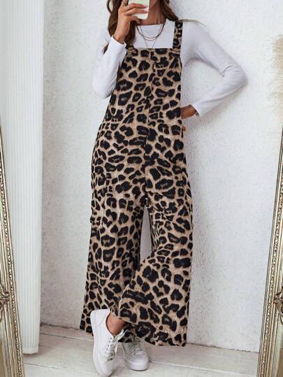 SHEIN LUNE Mono holgado casual de mujer con bolsillo y estampado de leopardo