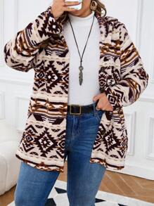 EMERY ROSE Abrigo de invierno de mujer talla grande con capucha con diseño gráfico, abotonado al frente, de estilo casual para uso diario en otoño - Multicolor - Ver 4